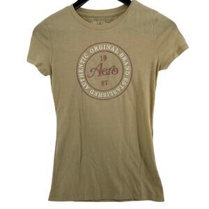 Aeropostale Embroidered Crew Neck T Shirt Womens S Tan Pink Y2K Tee